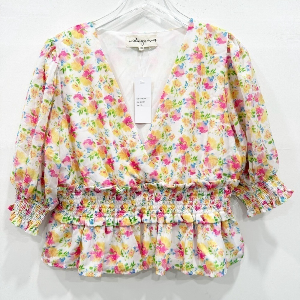 Wishing Waves Floral Smocked Peplum Balloon Sleeve Top Blouse Size XL
